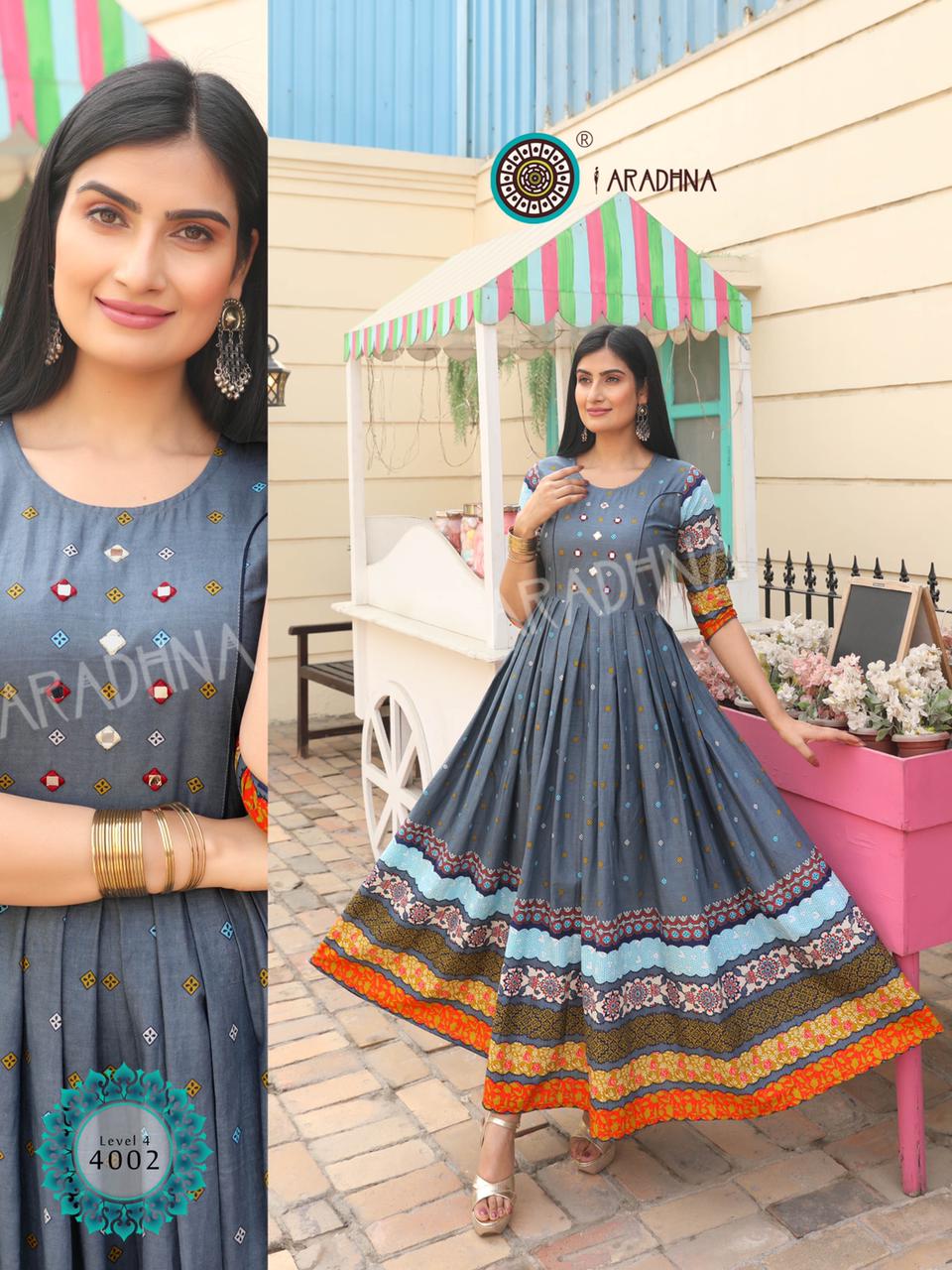 Aradhana Level 4 Latest Fancy  Printed Style Long Casual Wear Anarakali  Flair Pure Cotton Designer Kurti  Collection 

